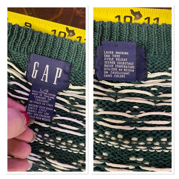 Vtg Gap Green White Fair Isle Cotton Crop Cardigan Sweater Preppy Heritage 90s L - Picture 4 of 9